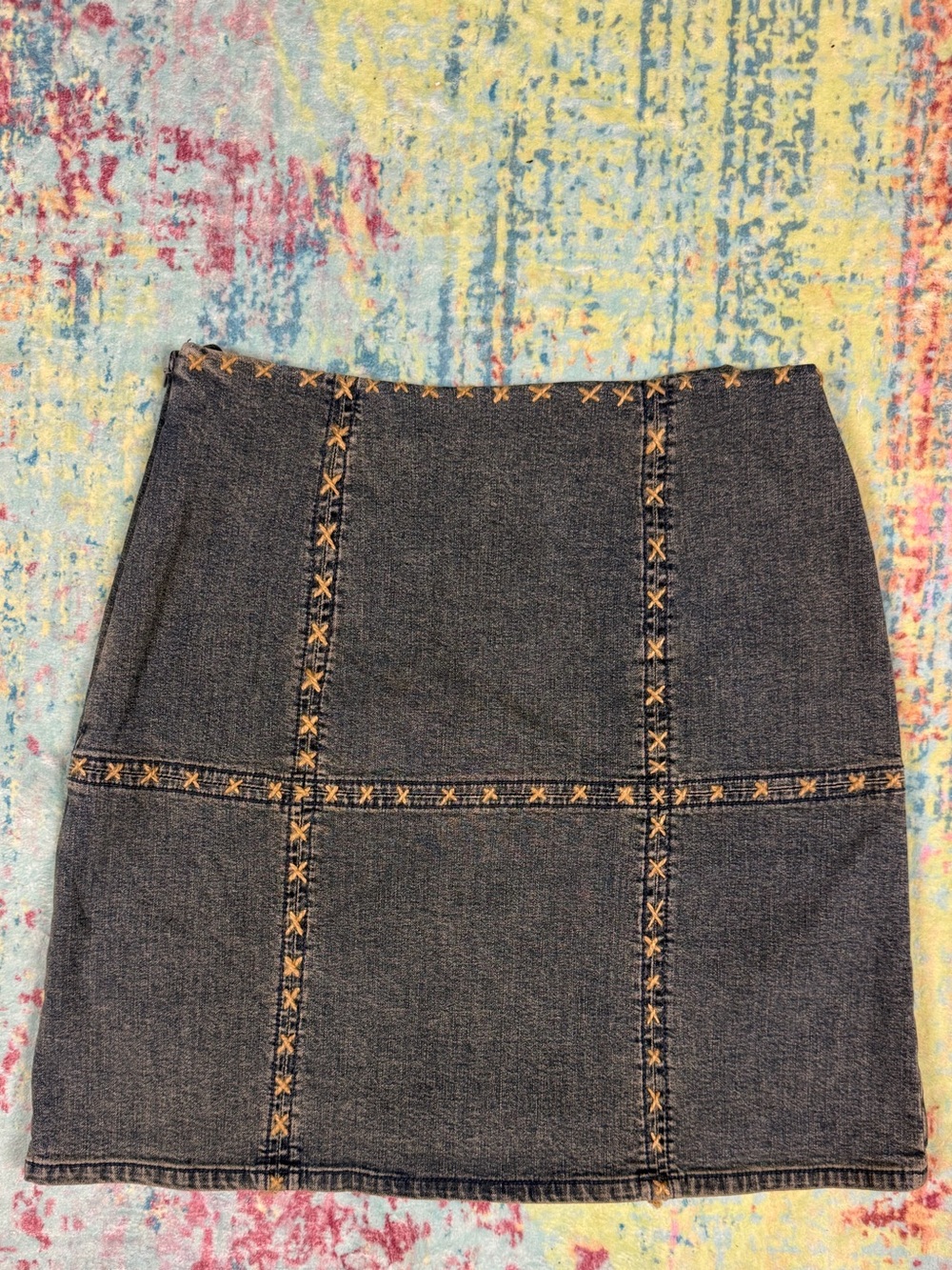 🦋Ideology Dark Denim Mini Skirt with Tan Cross-Stitch